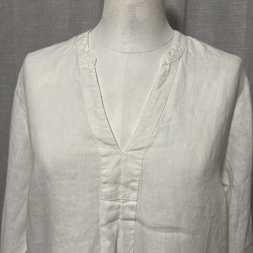 L.L. Bean 100% Linen Tunic Blouse-Sz S-White-V Neck Detail-Pop Over Style-EUC - Picture 4 of 16